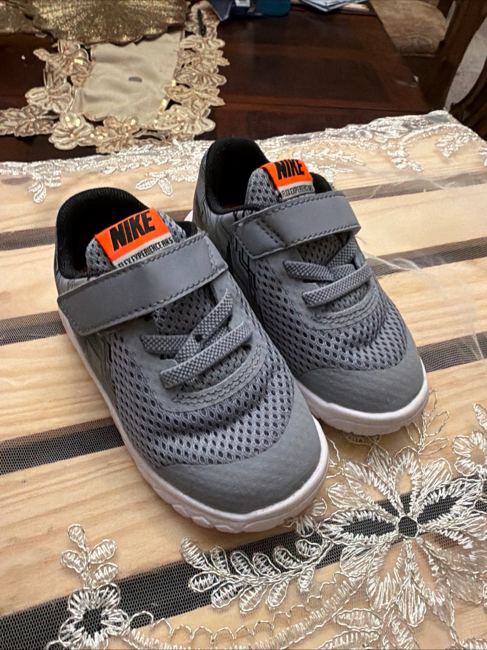 Nike Kids Gray Mesh Sneakers with Orange Logo Tab